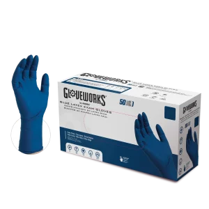 Gloveworks Exam Blue Latex Gloves - 13 Mil, Extended Cuff, Medical Grade
